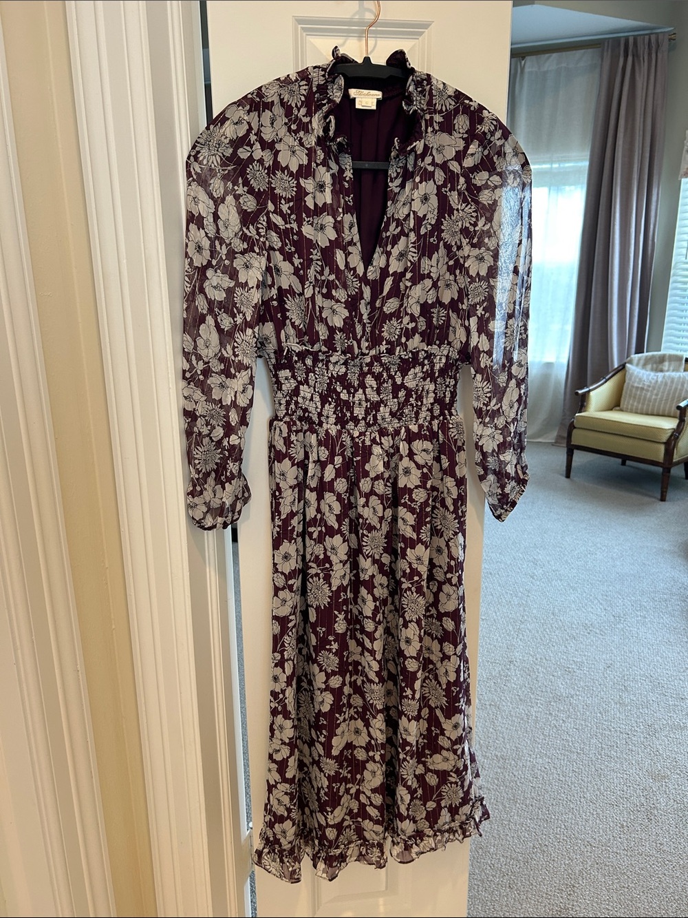 Shoshanna Plum Floral Midi Dress with Cream Print
